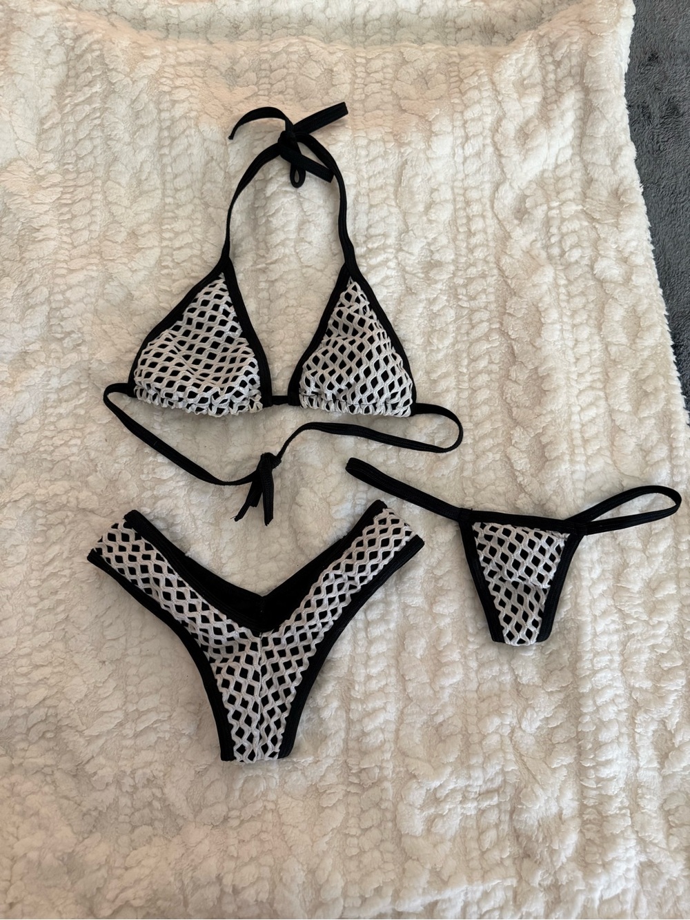 Black & White Mesh-Overlay Triangle Bikini Set